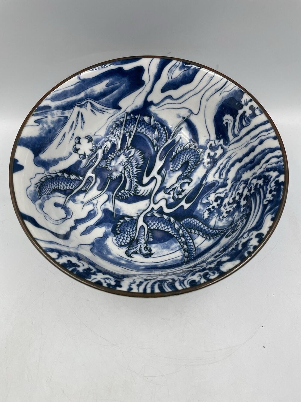 Authentic Japanese Mino Ware Blue on White Dragon And Mt Fuji Ramen Noodle Bowl